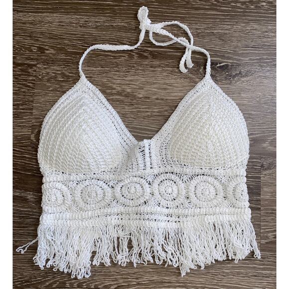 New Small White Crochet Knit‎ Fringe Halter Top Cami Crop Tank Padded Lined - Picture 1 of 4